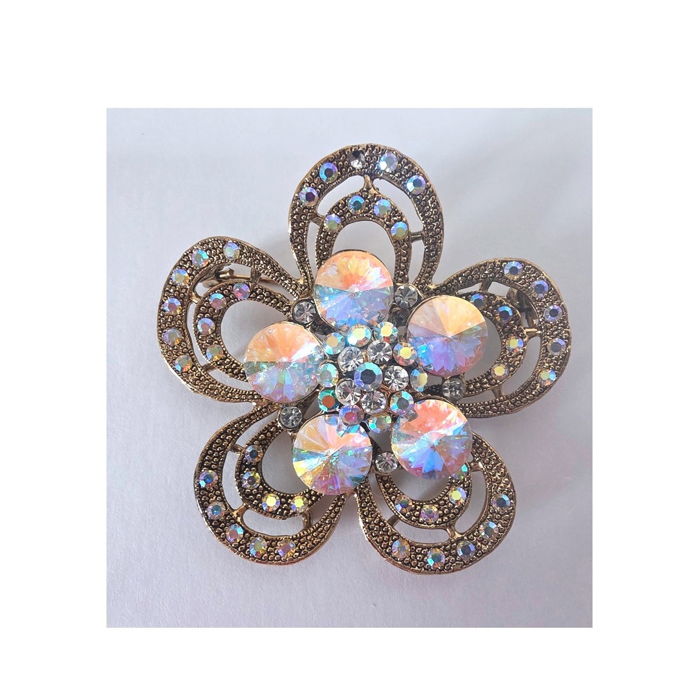 Vintage Gold Tone Aurora Borealis Crystal Flower Brooch Rhinestone Floral Pin